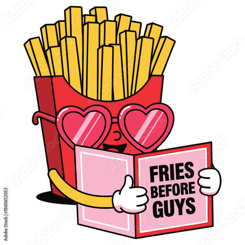 Funny cartoon french fries character wearing heart shaped sunglasses while reading a sign declaring fries before guys with a thumbs up gesture