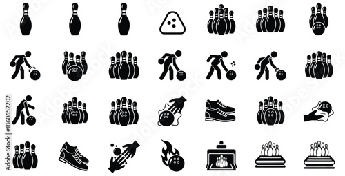 Collection of monochrome pictograms illustrating various elements of the sport of bowling including pins balls shoes players and scoring equipment in a comprehensive icon set