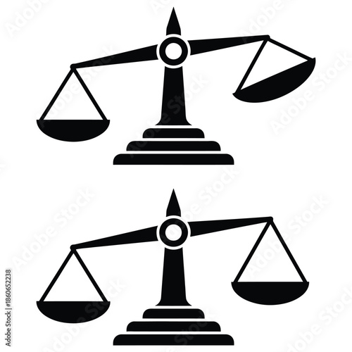 Black silhouette icons depicting unbalanced scales of justice illustrating legal imbalance disparity or unfairness in a repeated pattern design
