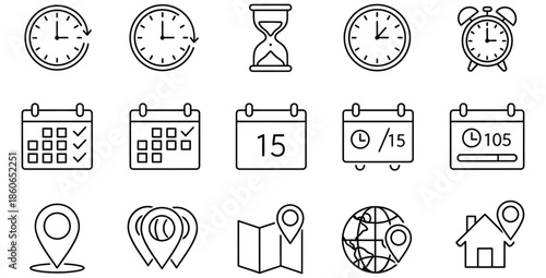 Collection of minimalist black line icons representing essential concepts of time management scheduling appointments tracking location and global navigation planning for user interface design