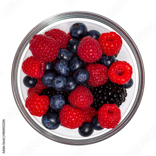 Overhead View of Assorted Fresh Berries in a Glass Ramekin