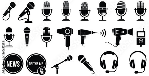 Diverse collection of black and white silhouette icons representing various types of microphones recording equipment hair dryers and broadcast signage for media projects