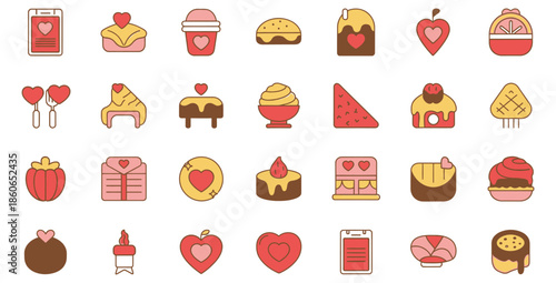 Collection of sweet dessert and confectionery icons featuring various cakes pastries chocolates and romantic food elements perfect for celebration graphics.