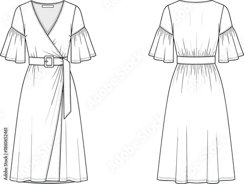 Women wrap dress technical fashion illustration with front and back views, short sleeves, belted waist, modern apparel flat sketch