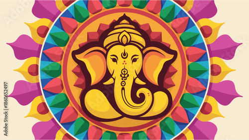 Ganesha head in colorful mandala art circle background for indian religious festival