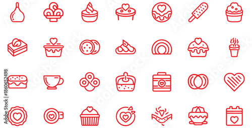 Collection of sweet dessert and pastry line icons perfect for celebrating love occasions like valentine day or wedding planning with various baked goods and treats