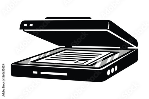 Flatbed document scanner with open lid in black and white