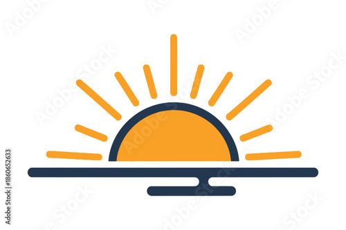 Minimalist sunrise or sunset icon over sea horizon