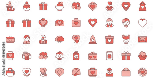 Collection of cute reddish pink and white line art vector icons representing various romantic concepts like hearts gifts couples and sweet treats perfect for valentines day.