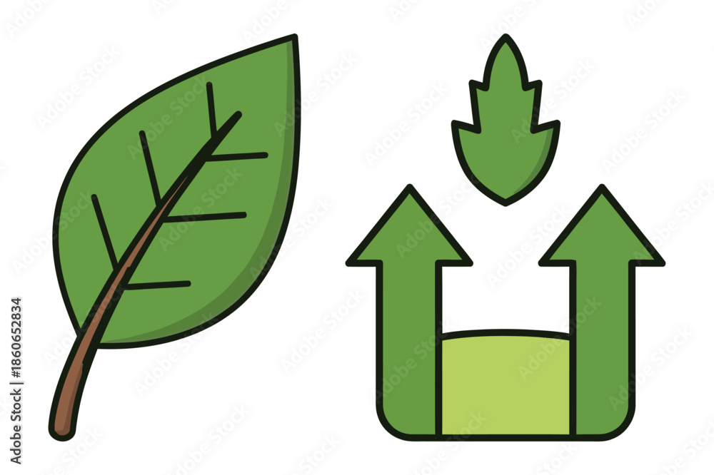 Obraz premium Sustainability and green growth icon set with leaf and arrow