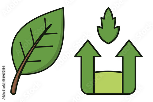 Sustainability and green growth icon set with leaf and arrow