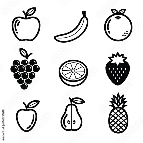 A set of fruit icons in silhouette style on a white background