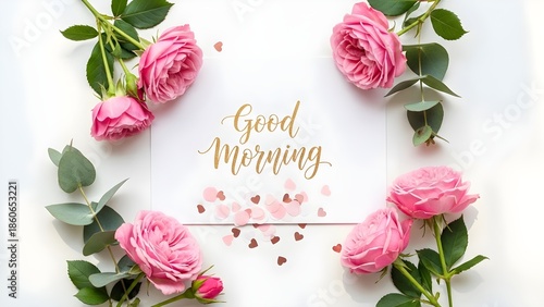 Beautiful pink roses and eucalyptus frame a white card with glittering gold script wishing a lovely good morning to everyone