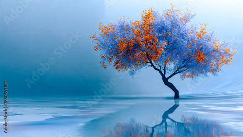 Arbre solitaire mauve et orange