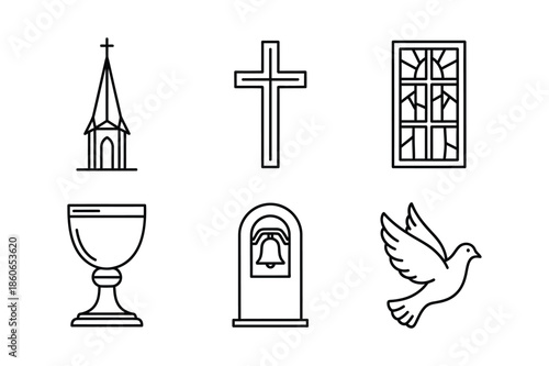 Religious and church symbols including cross and dove icons