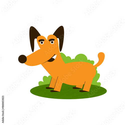 Cute Cartoon Dog Sitting on Grass Illustration