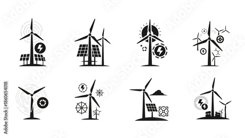 Clean Energy Icons Wind Turbines Solar Panels and Power Symbols EPS10 Stock.eps