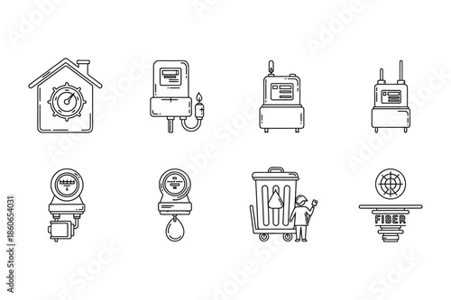 Utility meters and industrial equipment outline icon set