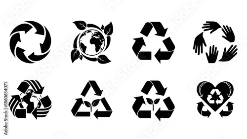 Collection of Recycling Symbols Black Vector Graphics for Environmental Sustainability EPS10 Stock.eps