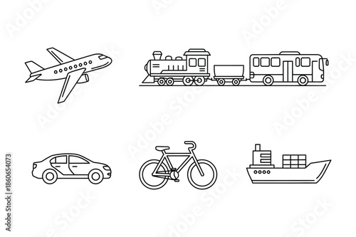 Transportation icons including plane train car and ship