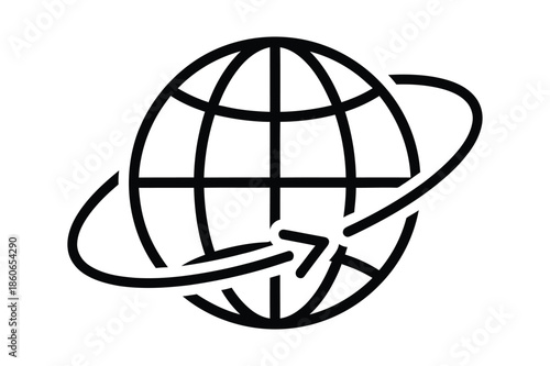 Global Network Concept Line Icon with Globe and Orbiting Arrow