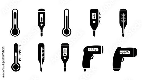 Diverse medical thermometer icon set including digital analog and infrared silhouettes EPS10 Stock.eps