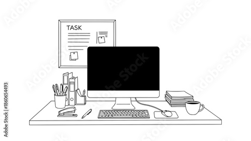 Modern workspace setup with computer, keyboard, mouse, and office supplies on a desk