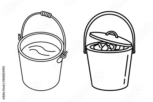 Illustration of Metal Buckets with Water and Ice Cubes