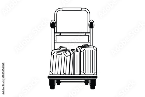 Hotel Luggage Trolley with Suitcases Line Art Illustration