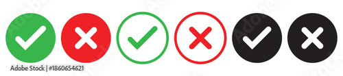 Check mark icon button set. Check box icon with right and wrong buttons and yes or no checkmark icons in green tick box and red cross. Isolated checkmark symbol, right and wrong sign concept. Icon.