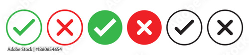 Check mark icon button set. Check box icon with right and wrong buttons and yes or no checkmark icons in green tick box and red cross. Isolated checkmark symbol, right and wrong sign concept. Icon.