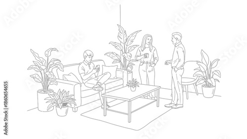 Three people talking in a minimalist living room with plants