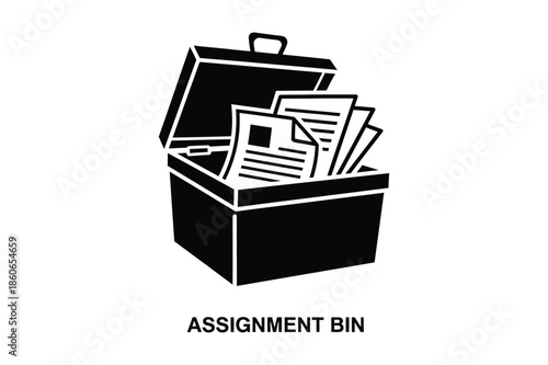 Office Assignment Bin Filled with Paper Documents Silhouette