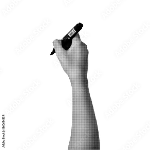 Hand holding pen in halftone style. Black and white retro illustration of writing gesture. Creative process, signature, drawing and communication concept isolated on white background.