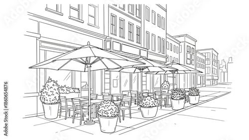 Detailed line art illustration of an inviting outdoor cafe with tables, chairs, and umbrellas lining a charming urban street