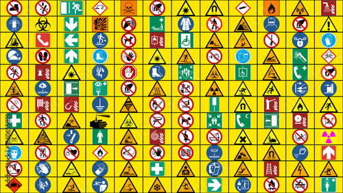 collection of safety and hazard warning signs and symbols