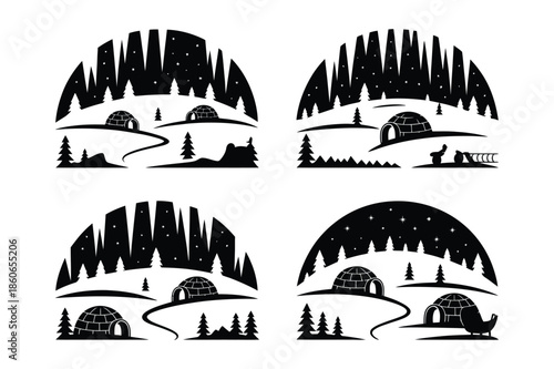 Arctic Winter Night Silhouettes with Igloo and Aurora