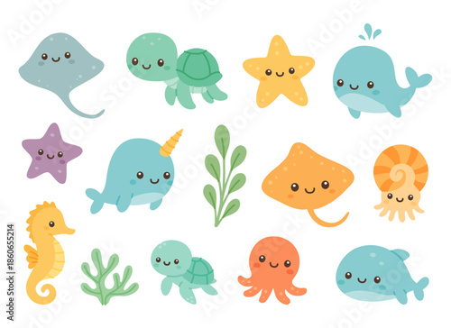 Colorful marine animal set. Cute ocean creatures and plants for children illustrations and designs