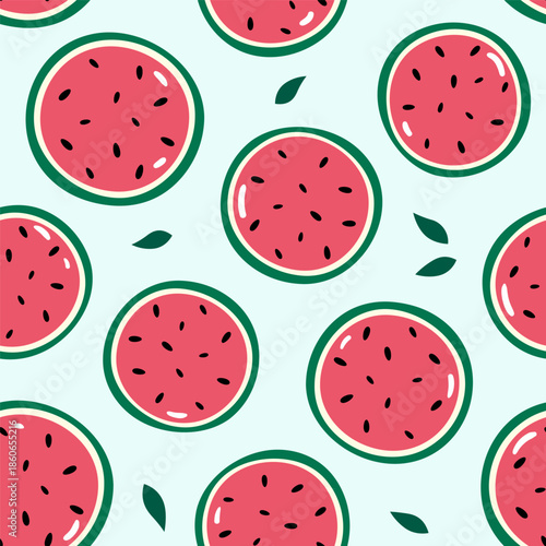 Watermelon halves, slices seamless pattern, background. Simple cartoon style doodle illustration