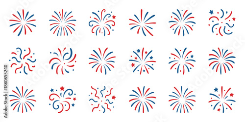 Collection of patriotic fireworks in red and blue on a white background
