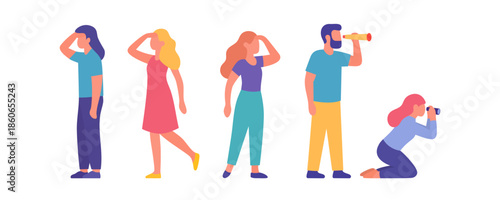 Group of diverse people looking forward with spyglasses or binoculars. Colorful design for teamwork and discovery themes