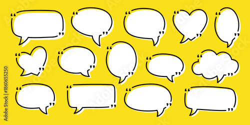 White speech bubbles with quotes. Doodle talk balloons for communication, chat, quotes, and creative design projects