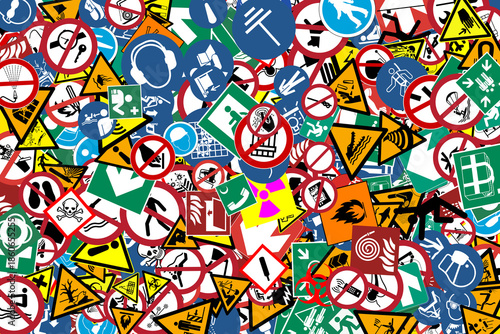 Fotografi collection of warning and safety signs in various colors