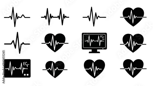 Medical Health Heartbeat ECG Pulse Monitor Icons Vector Set EPS10 Stock.eps