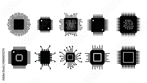 Microchip Icons Set Black and White Vector Graphics of Electronic Processors EPS10 Stock.eps