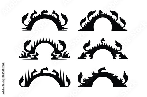 Set of Oriental Arched Bridge Silhouettes with Fox Motifs