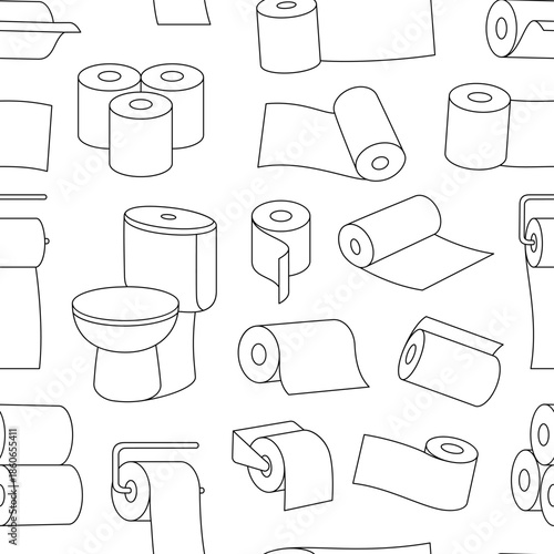Seamless outline bathroom pattern with toilet paper rolls and toilet bowls on white background vector illustration