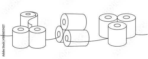 Toilet paper rolls one line continuous drawing. Toilet papers, napkins, wipes and other hygiene products. Vector illustration