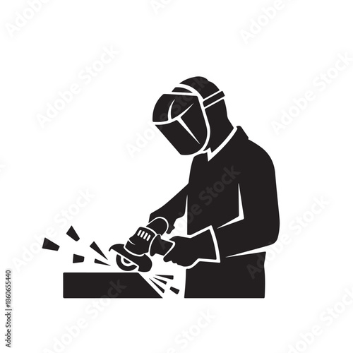 Welder at work in industrial monochrome illustration with sparks flying for manufacturing icon