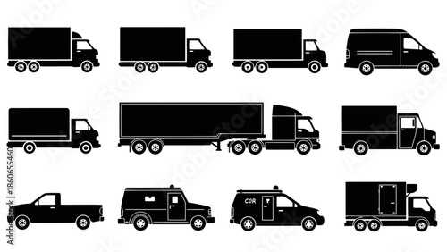 Minimalist Black Silhouette Transportation Icons Trucks Vans Commercial Vehicles EPS10 Stock.eps